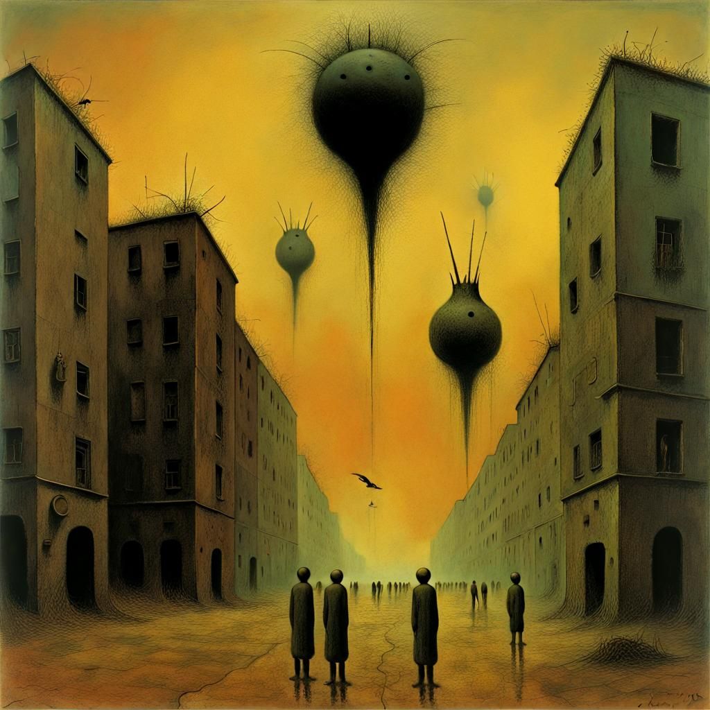 Surreal Dystopian Cityscape Inspired by Surrealist Masters