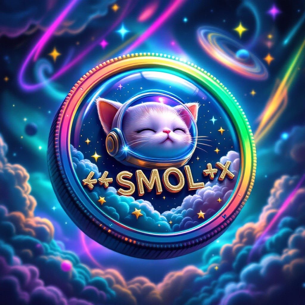 Vibrant Dreamy Crypto Coin with Floating Cat in Starry Galax...