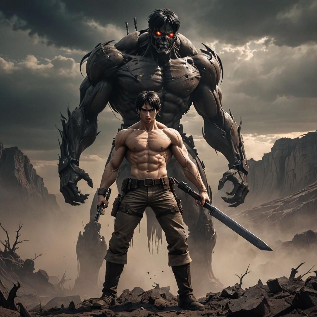 Eren Yeager in Dark Fantasy Landscape