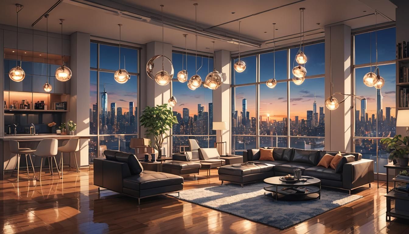 Lavish Anime Living Room with NYC Skyline View