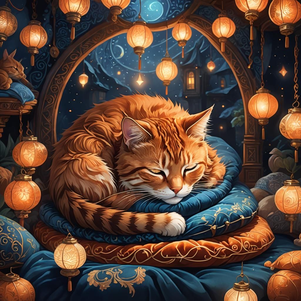Mystical Sleeping Cat in Moonlit Chamber