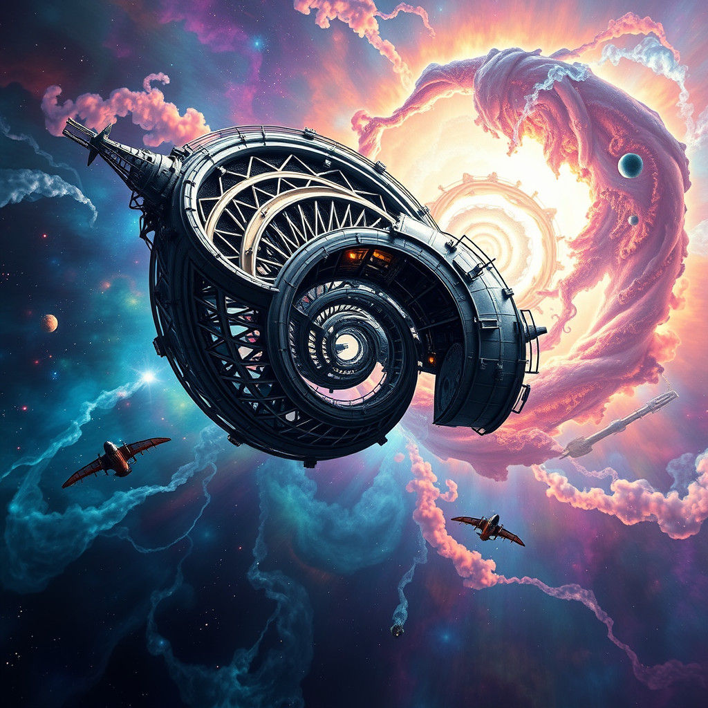 Futuristic Space Station Above Iridescent Nebula: Surrealist...