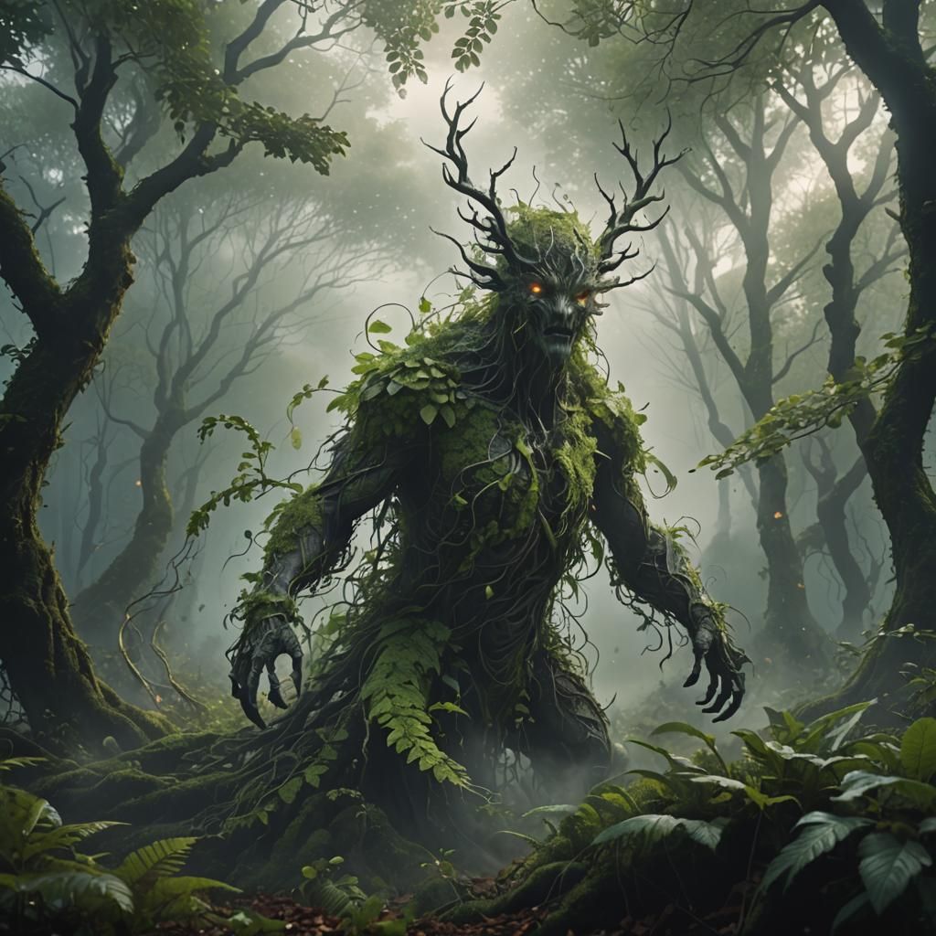 Ethereal Leaf Creature in Windy Forest: Digital Painting