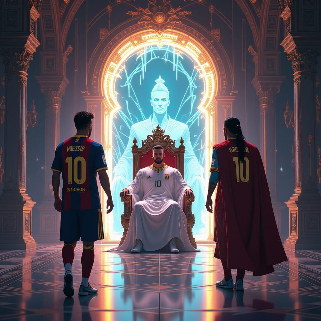 Soccer Legends Meet Future Selves in Cyberpunk Palace