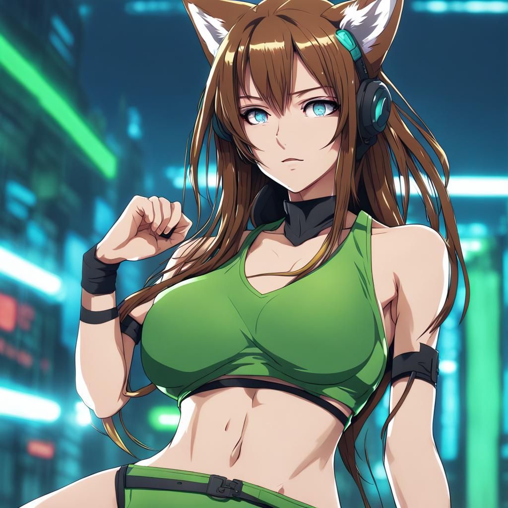 Cyberpunk Anime Fox Girl in Green Bikini