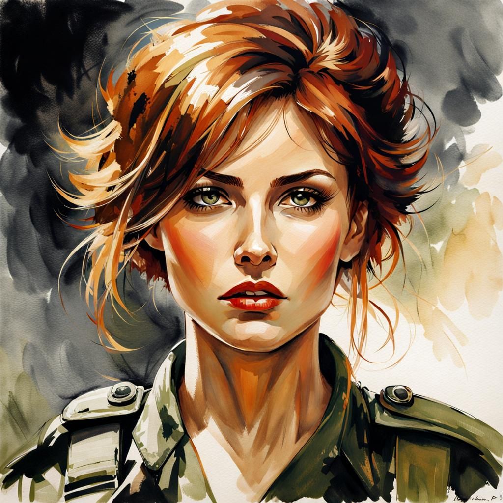 Beautiful Gothic Female Soldier Portrait in Ink