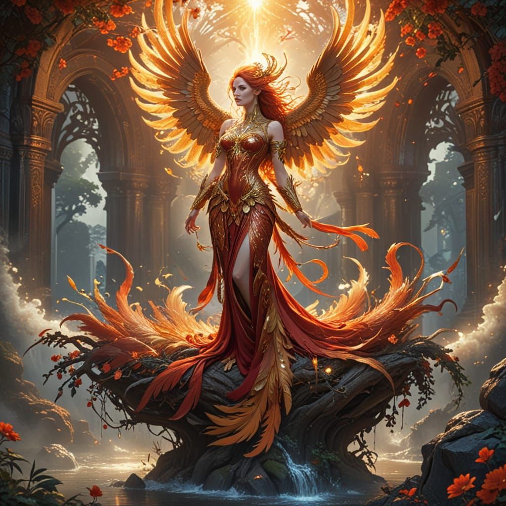 Woman with Fiery Phoenix in Regal Fantasy Art