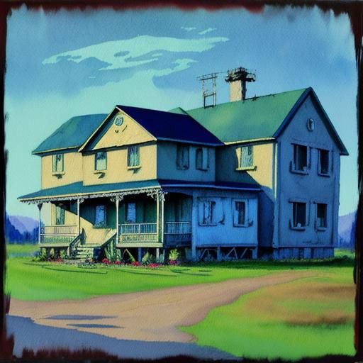 Creepy Motel as Gouache Watercolor Painting
