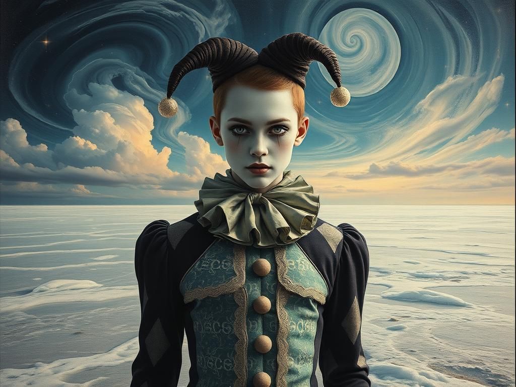 Pierrot on Frozen Beach in Surrealist Style