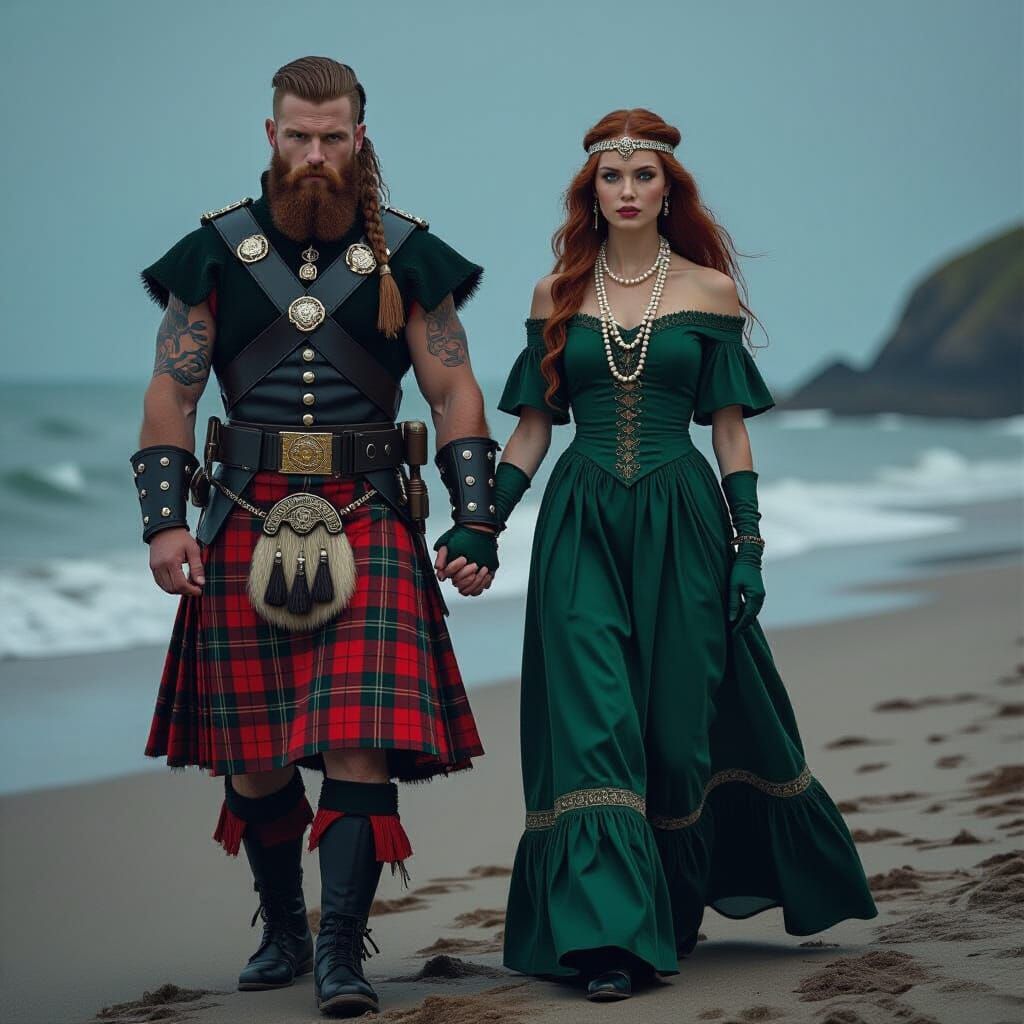 Mystical Norse Beach Encounter in Eerie Futuristic Style