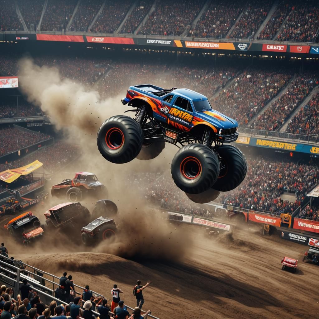 Monster Truck Jumps Big Gap in Stadium