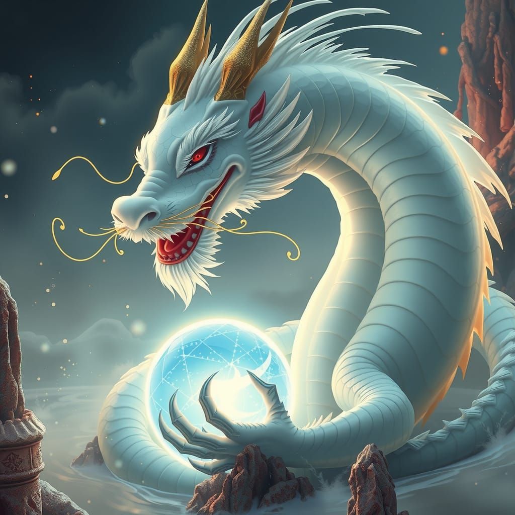 Majestic Chinese White Dragon in Dreamlike Landscape