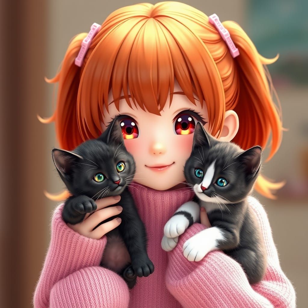 Adorable Anime Girl Enchants with Kitten Friends in Pastel P...