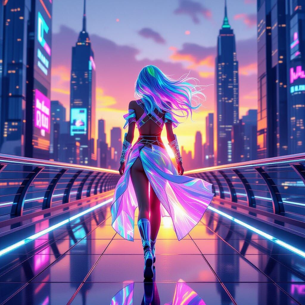 Woman in Radiant Outfit on Neon Sky-Bridge