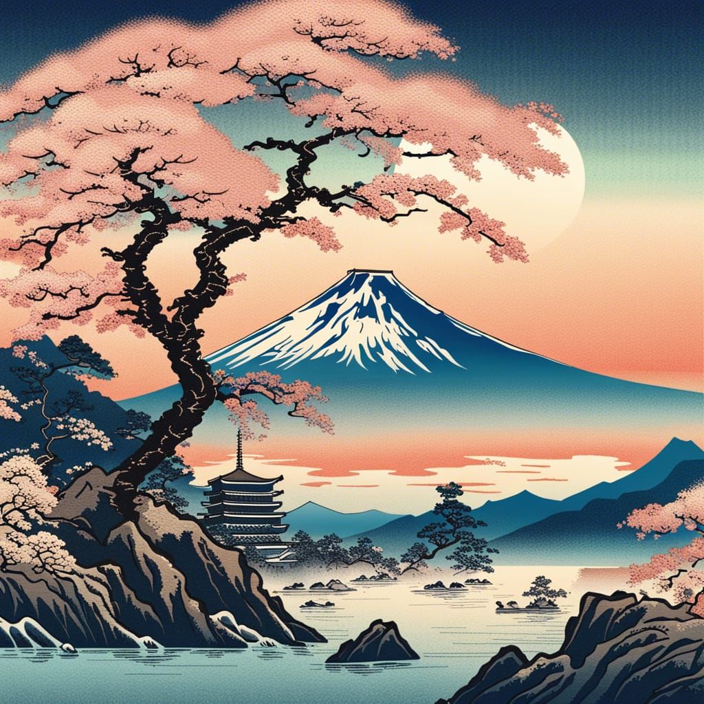 Mount Fuji Sakura Trees in Ukiyo-e Style