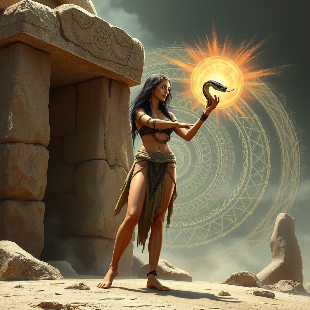 Ancient Goddess Surrounded by Sacred Megaliths in Mystical A...