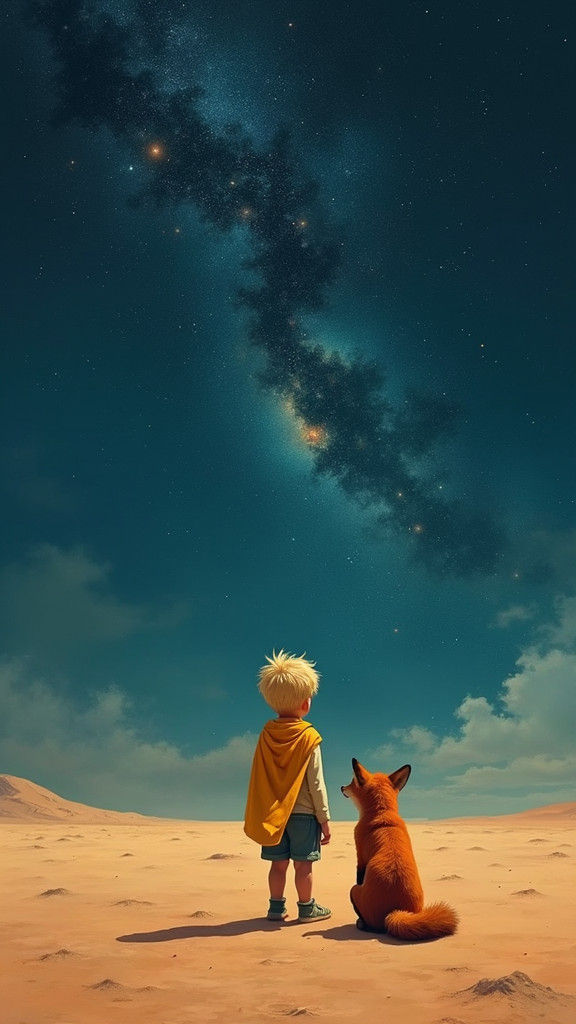 Boy and Fox Gazing at Starry Night Sky