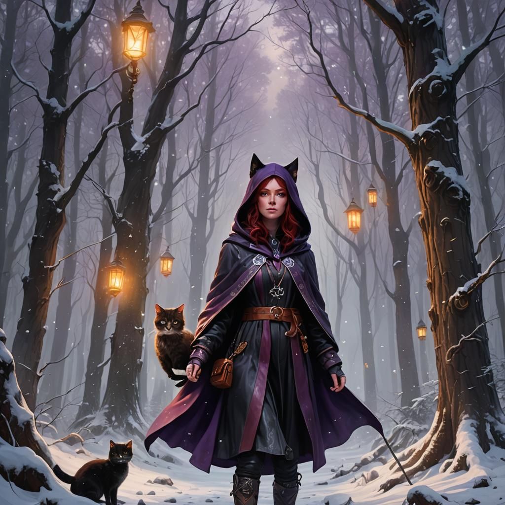 Girl with Cat and Magic Wand in Snowy Forest