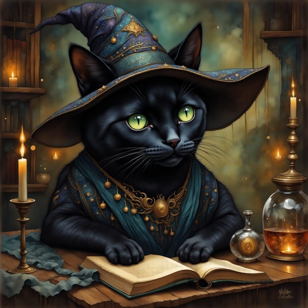 Magical Black Cat in Library, Digital Painting