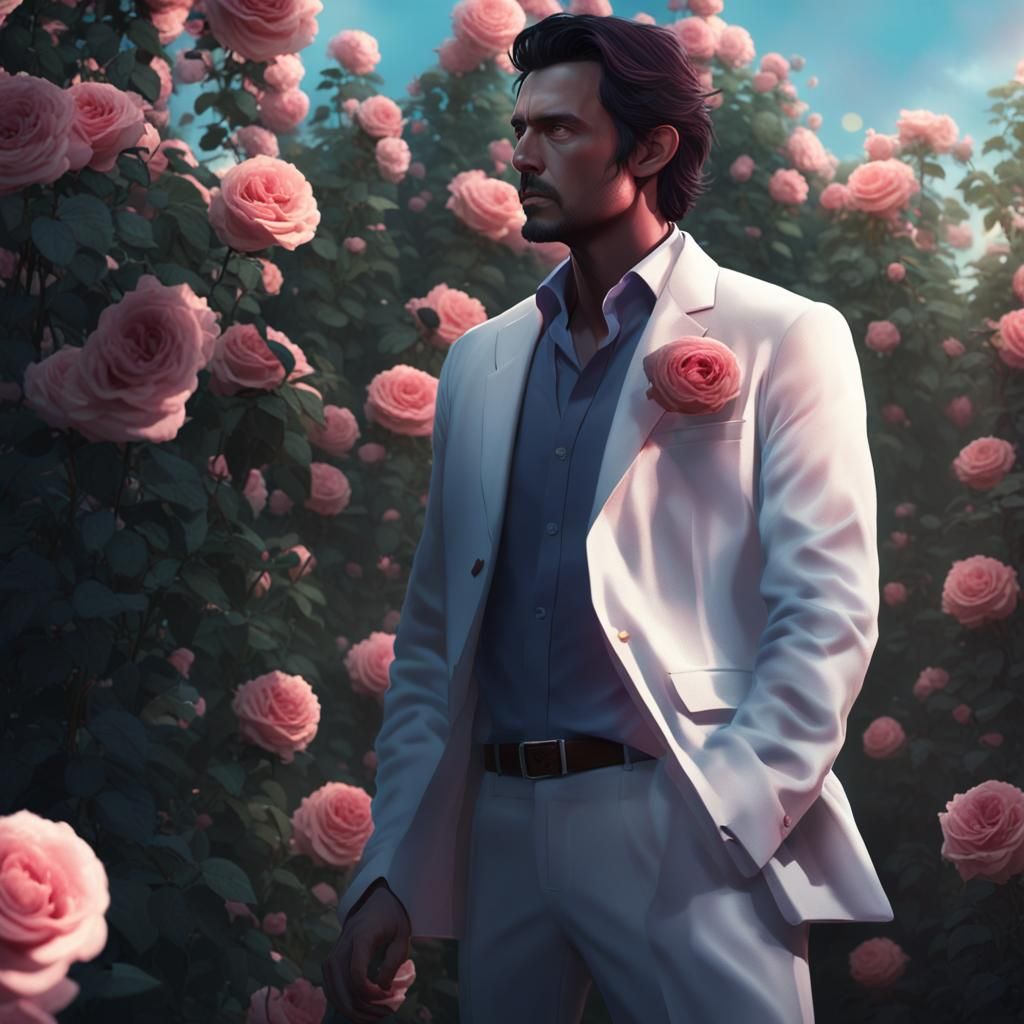 Man in White Suit in Rose Garden: Digital Matte Painting