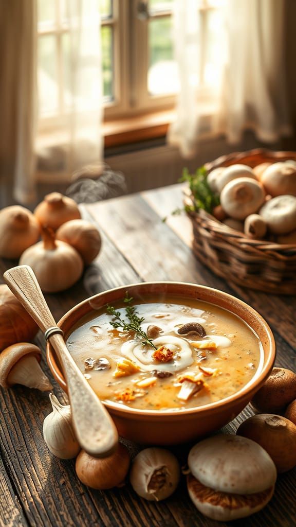 Creamy Mushroom Soup in Sunlit Cottage Kitchen
