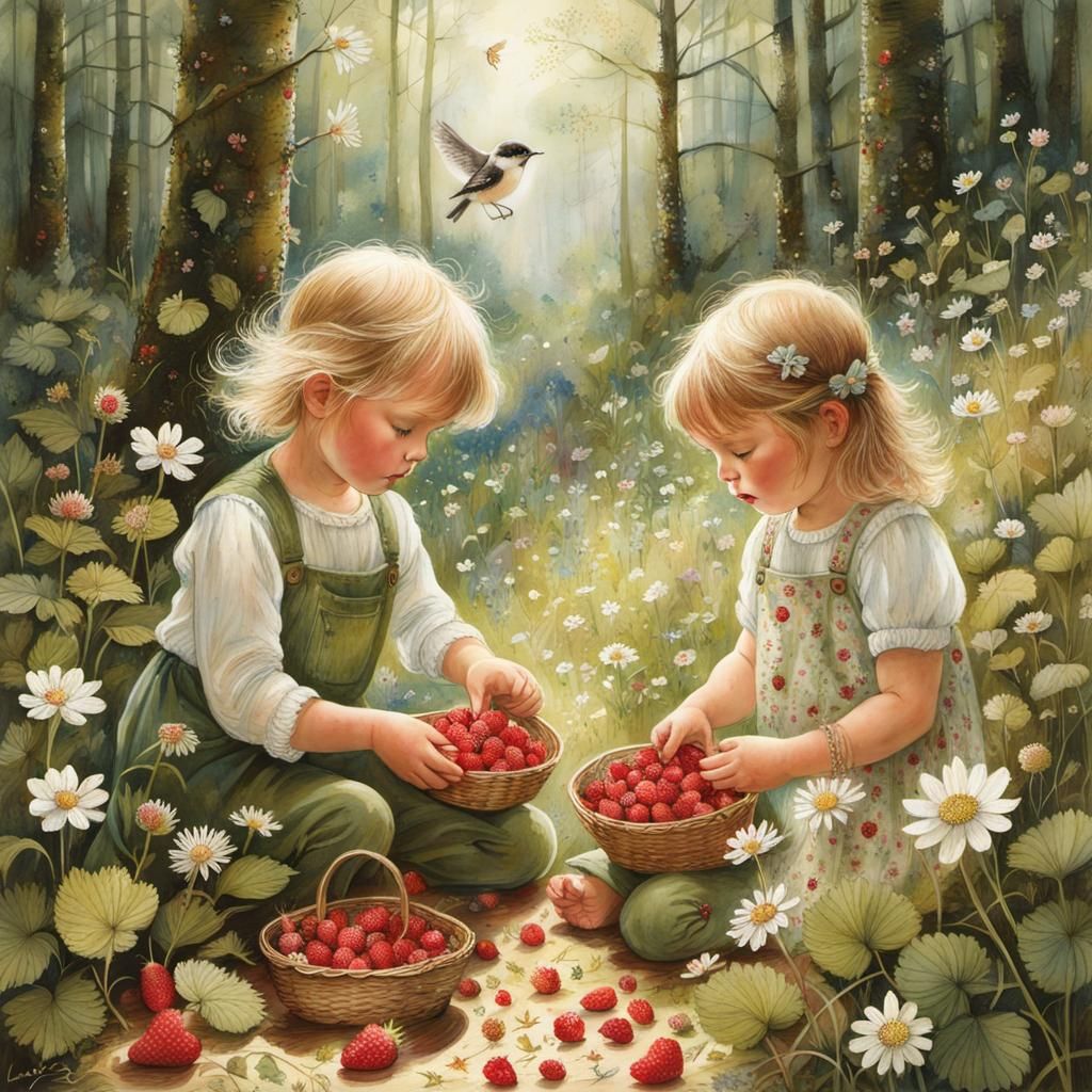 Toddler Siblings Pick Strawberries in Sunlit Forest
