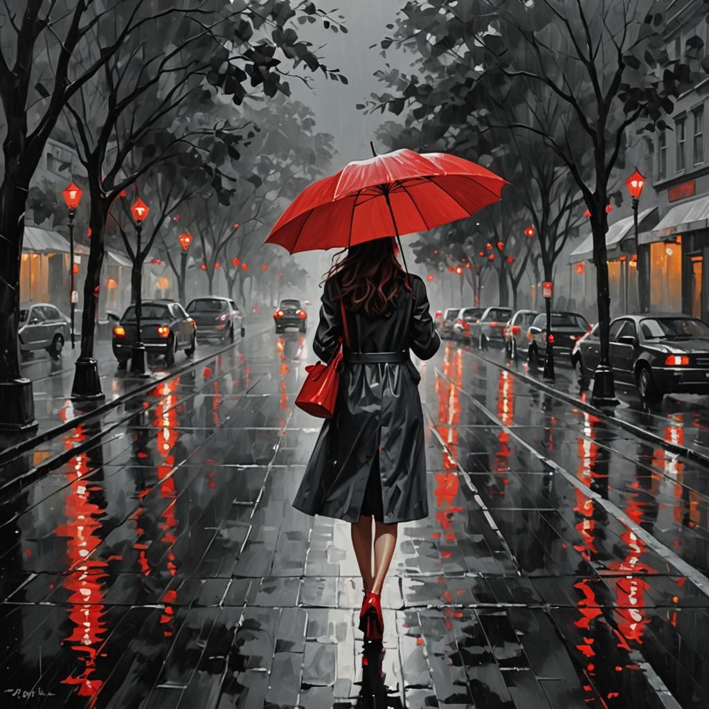 A woman with long wavy hair walking in the rain