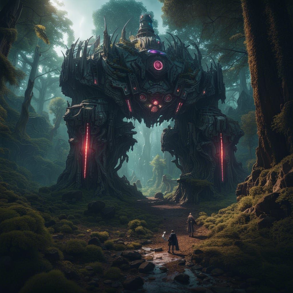 Cyberpunk Robot in Fantasy Forest: Detailed Matte Painting