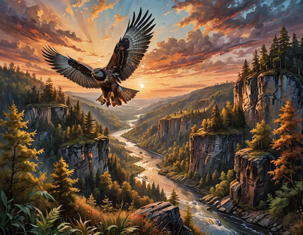 Falcon Over Vale, Acrylic Painting With Sunset Skies