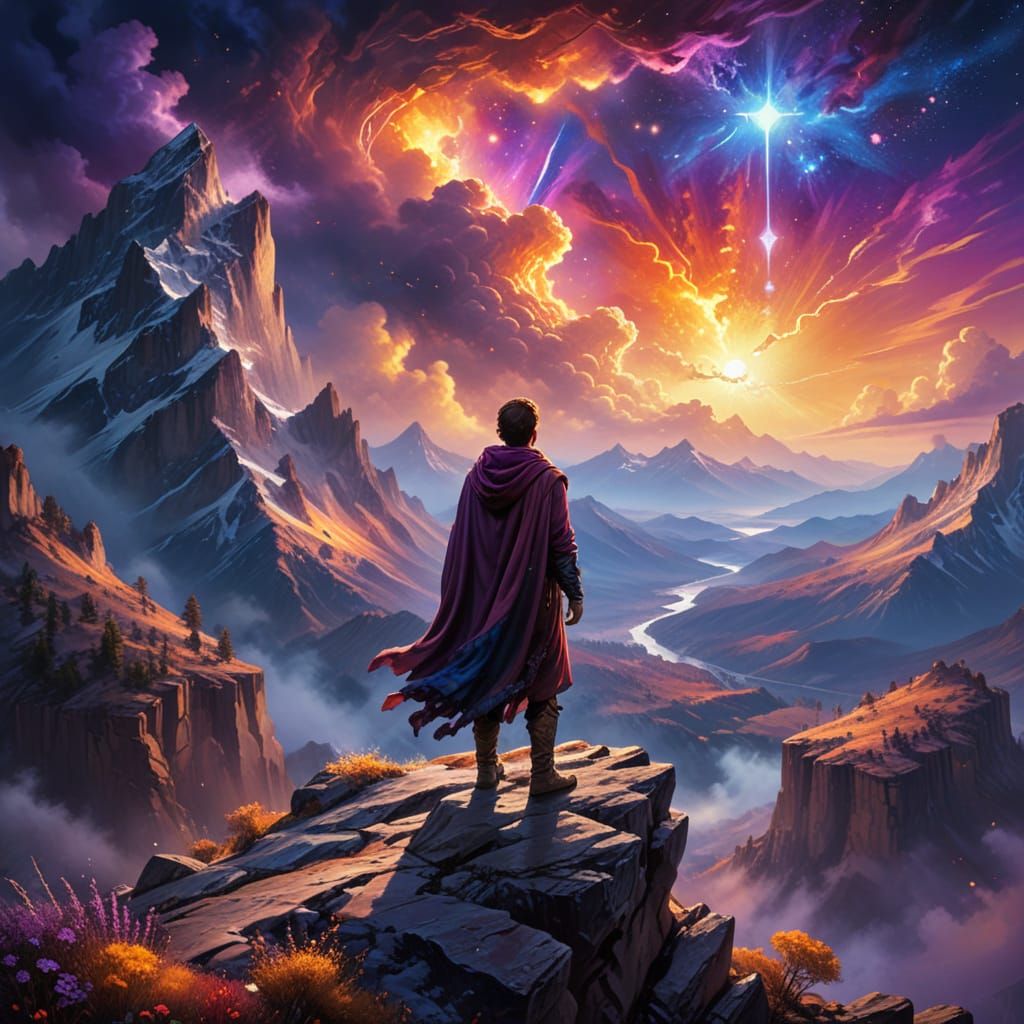 Traveler Gazing at Nebula in Fantasy Landscape
