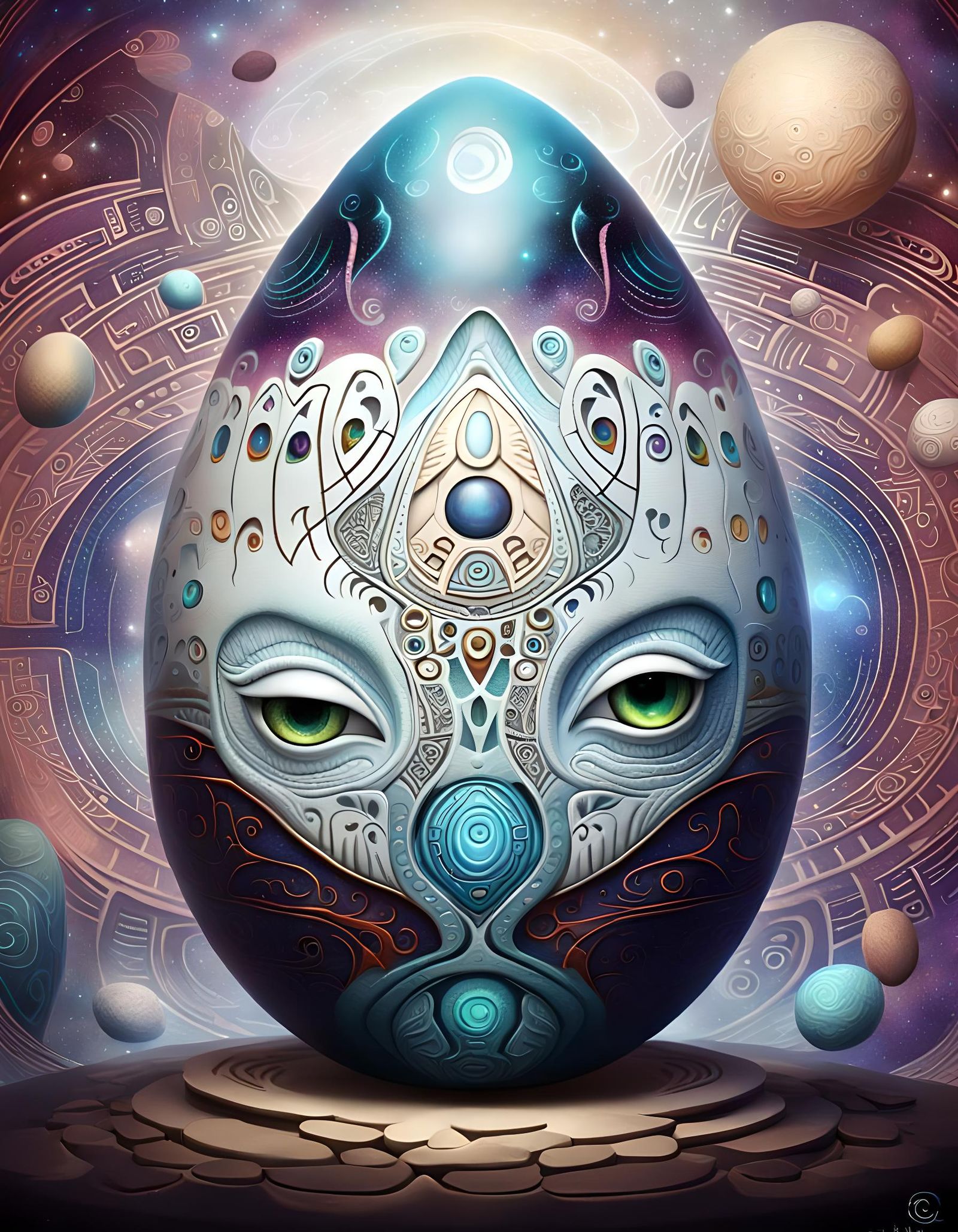 Cosmic Egg with Alien Glyphs: 3D Render