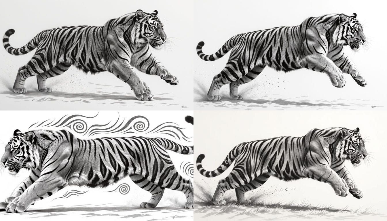 Black and White Tiger Jumping Attack Sketch