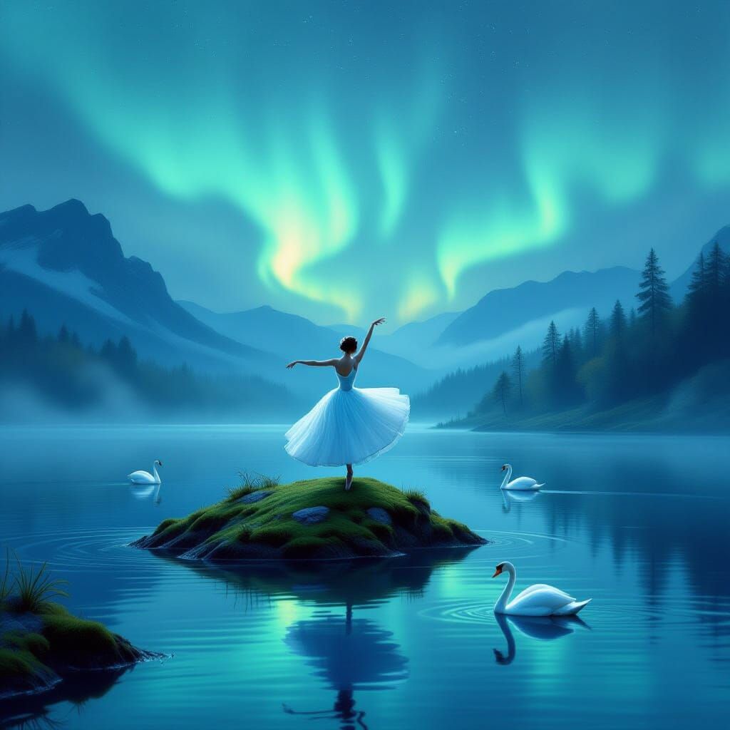 Ballerina on Water Ridge Under Aurora, Pre-Raphaelite Style