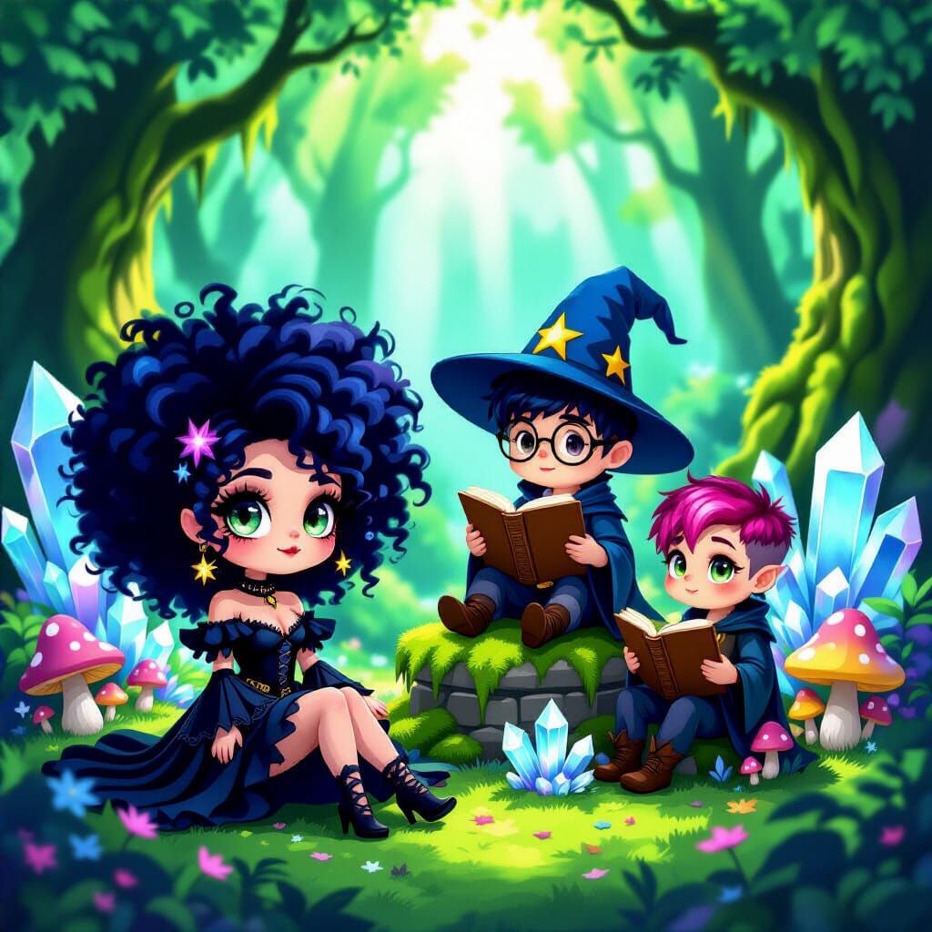 Chibi Magical Characters in Sun-Dappled Enchanted Forest