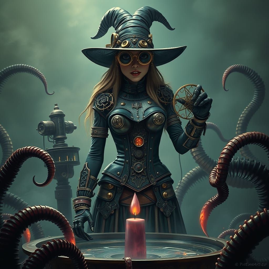Steampunk Witch Summons Tentacled Horror in Industrial Setti...