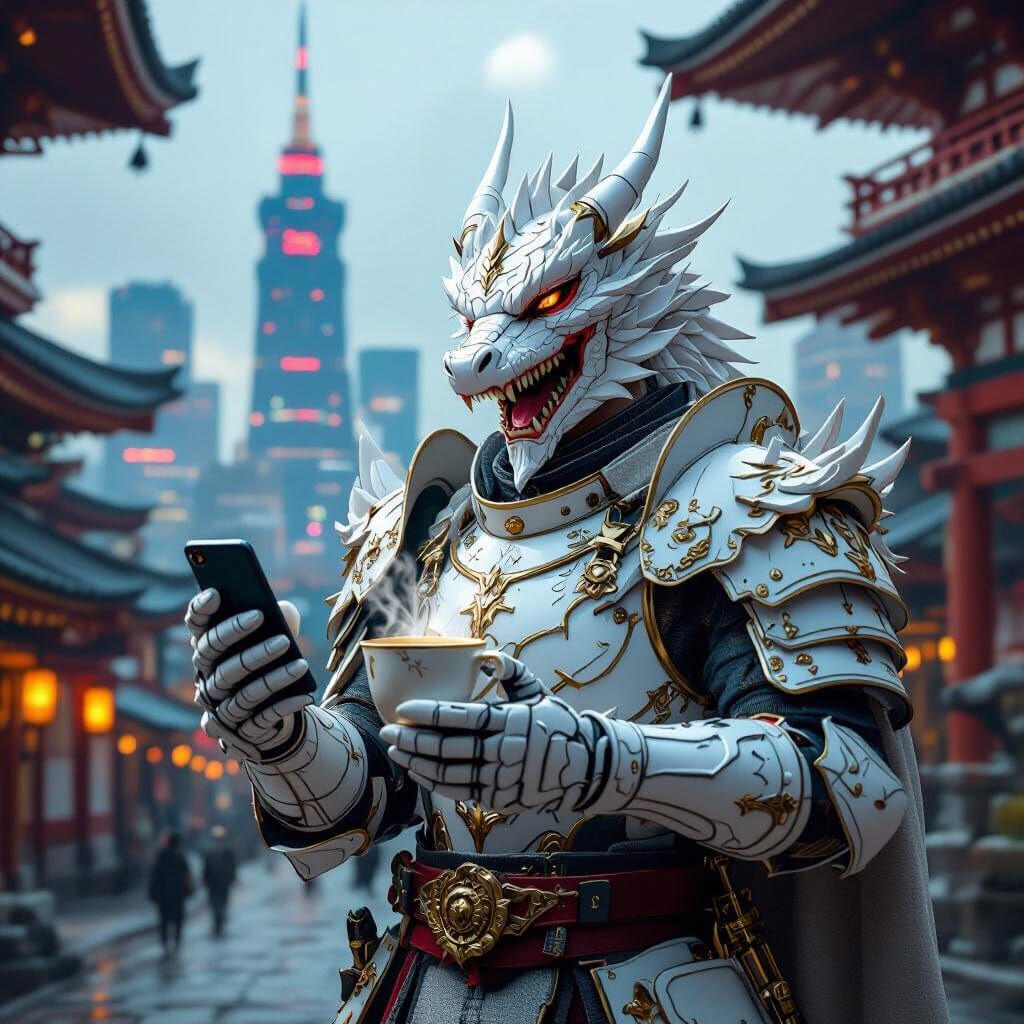 Cyberpunk Dragon Knight in Japanese Temple with iPhone
