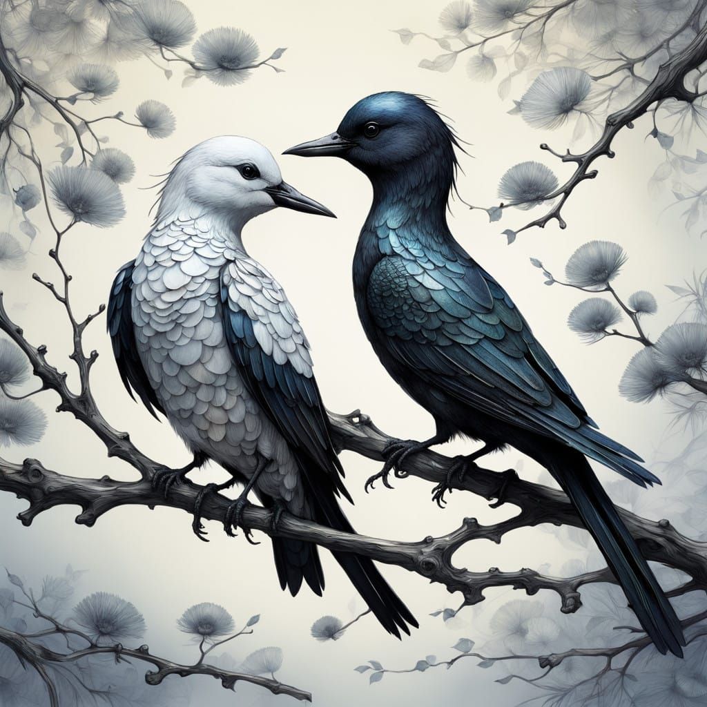 Yin-Yang Birds in Iridescent Aquarel Style