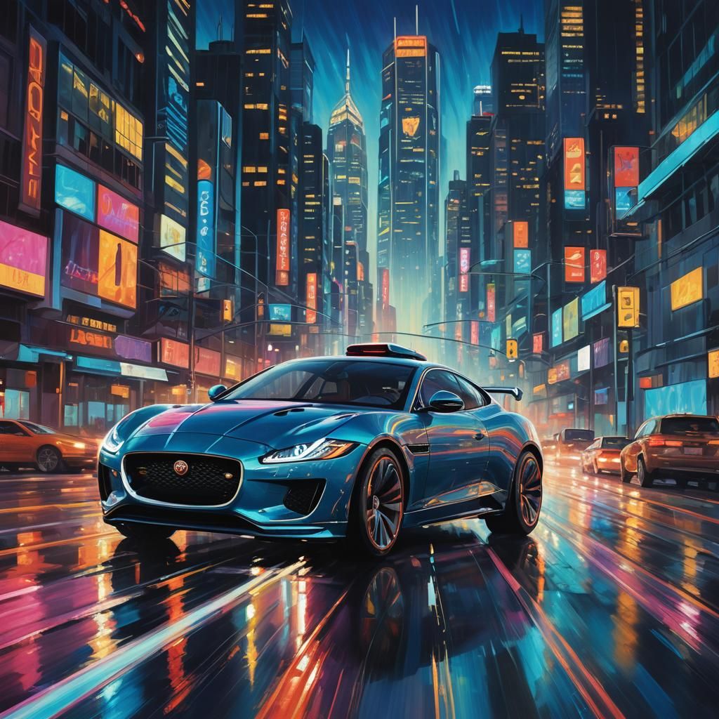 Futuristic Jaguar Car Speeds Down Neon Highway in Dynamic Ci...