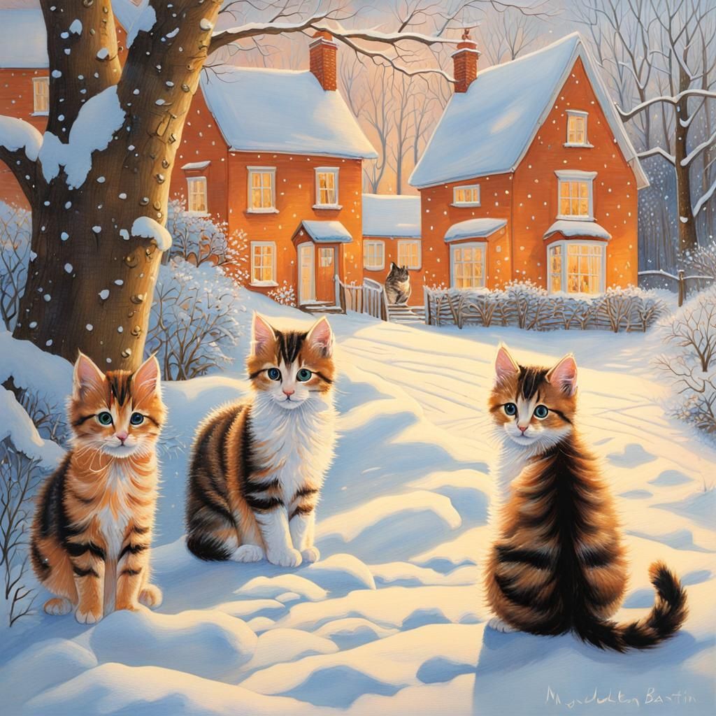 Kittens Discover Winter: Intricate Watercolor Illustration