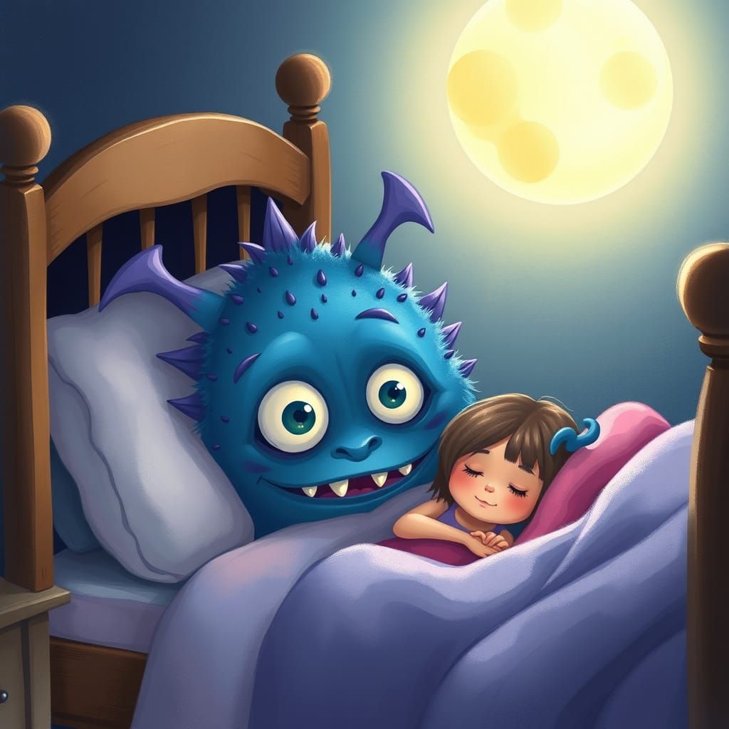 Shy Monster Peeking From Under Bed with Sleeping Girl