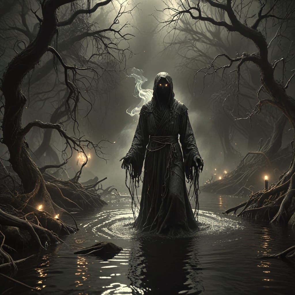 Ethereal Ghost Emerges from Misty Lake