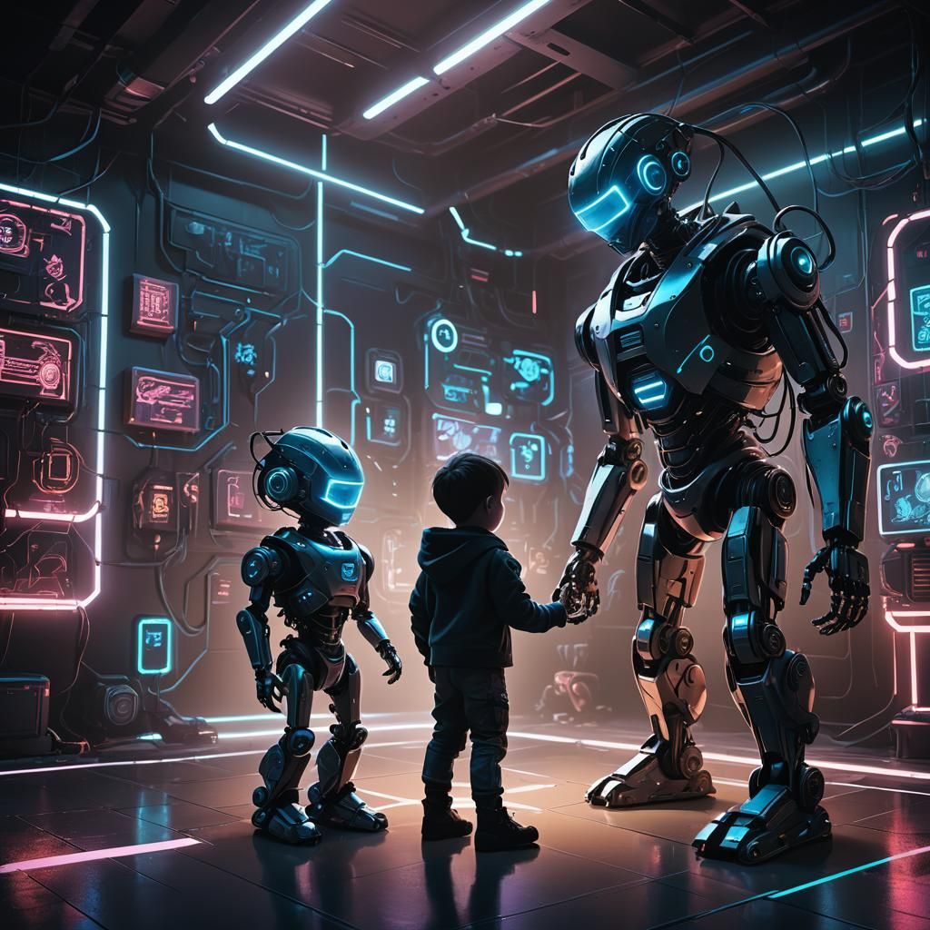 Cyberpunk Robot Toy Plays with Child
