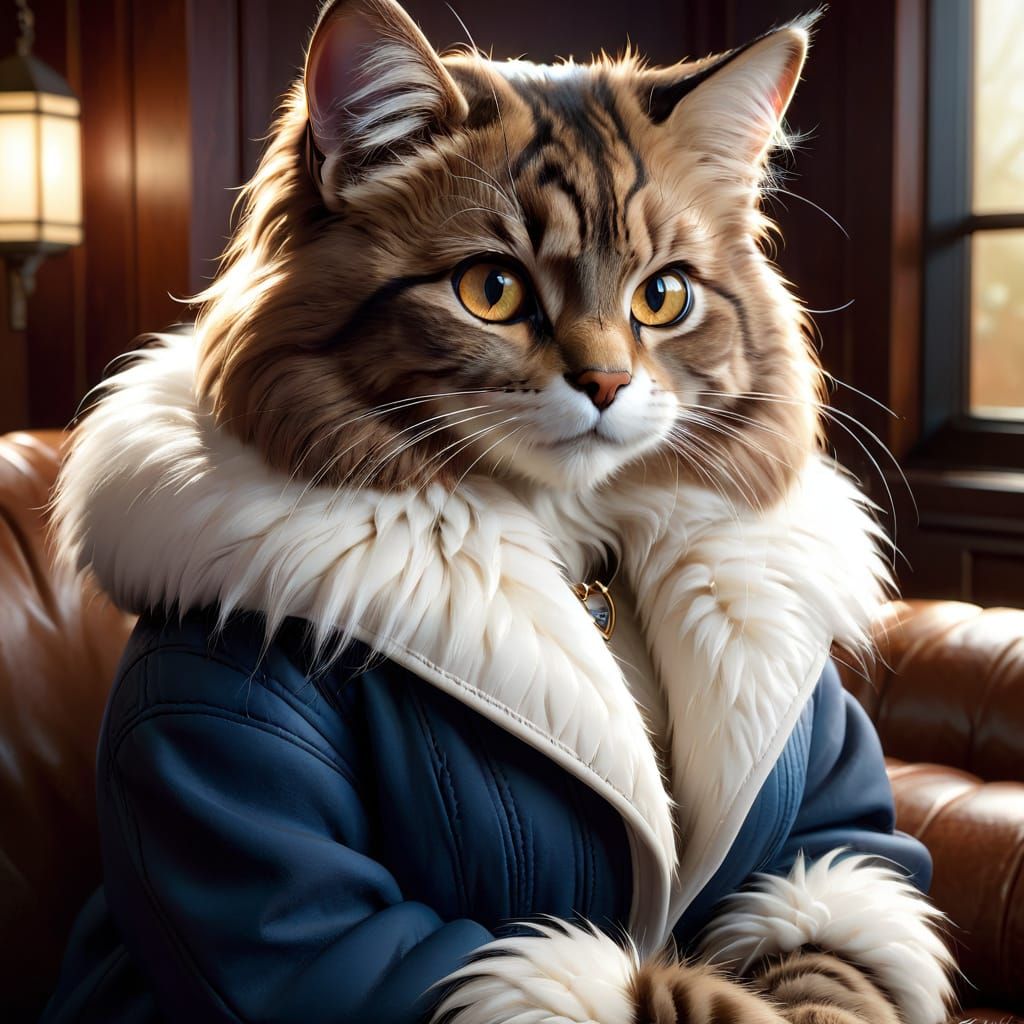Anthropomorphic Brunette Cat in Hyper-Realistic Digital Art