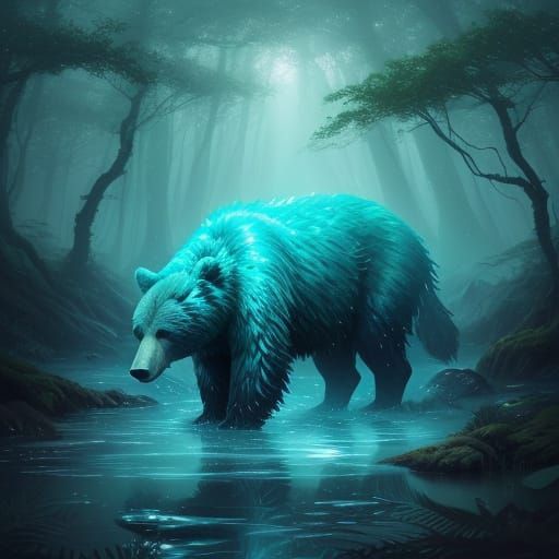Surreal Bear-Water Hybrid in Enchanted Forest Digital Painti...