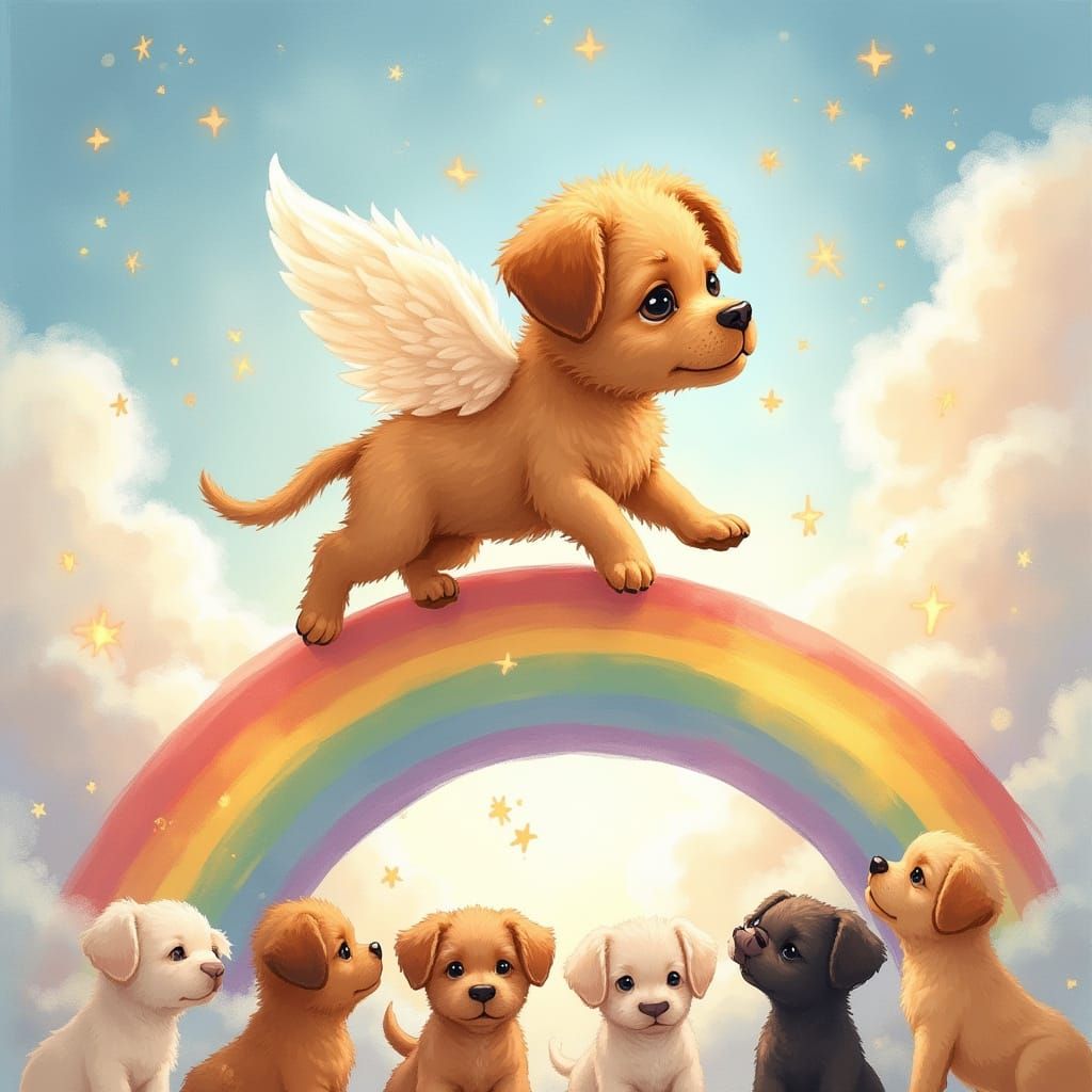 Whimsical Puppy Leaps Across Rainbow Bridge with Angel Wings