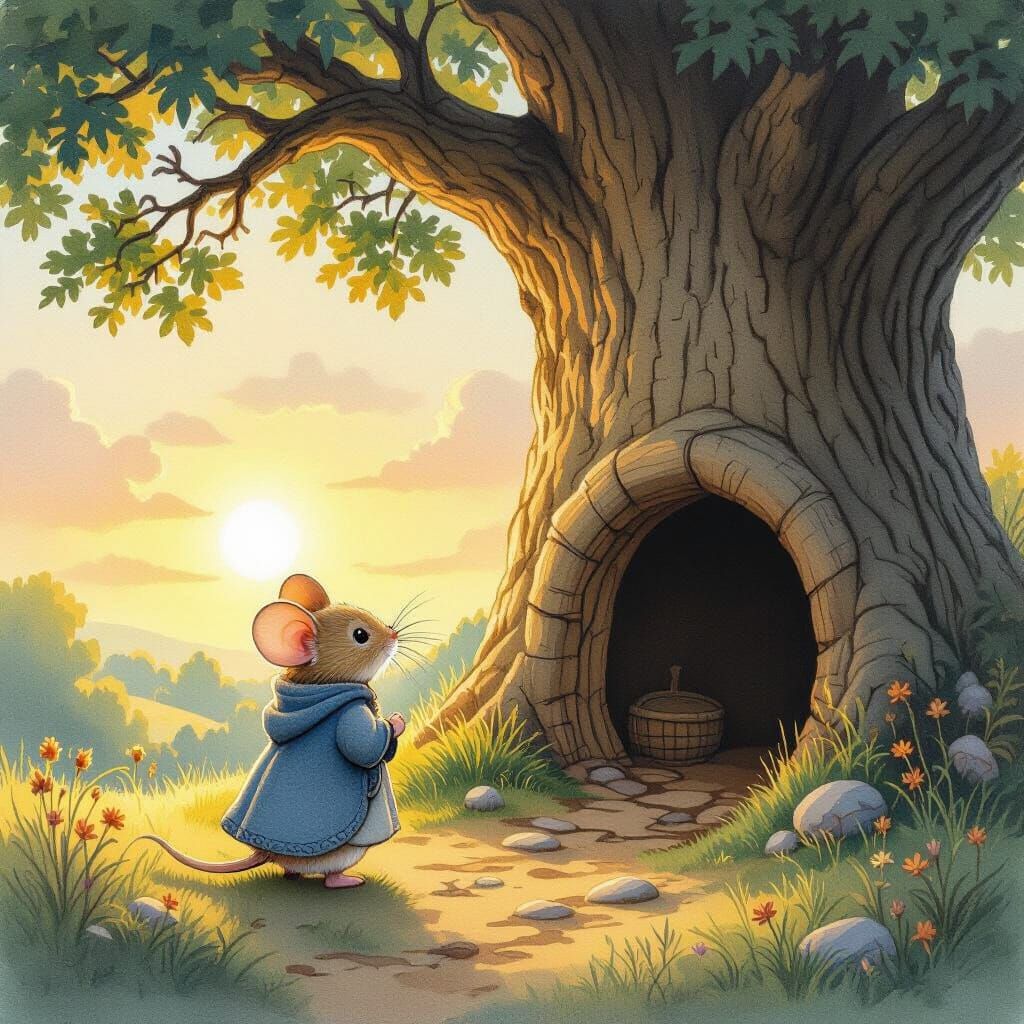 Mouse in Woolen Cloak Watches Sunrise