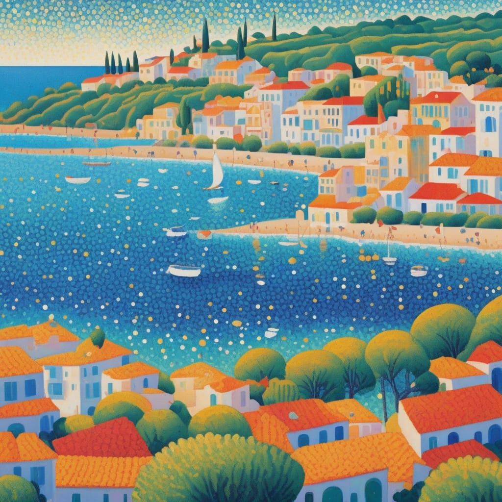 Vivid Mediterranean Seaside in Pointillist Style