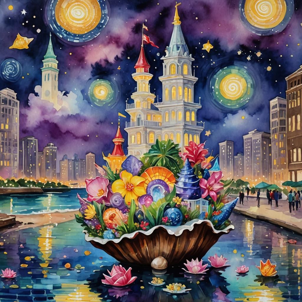 Night Skyscraper with Cherry Blossoms in Gouache Style