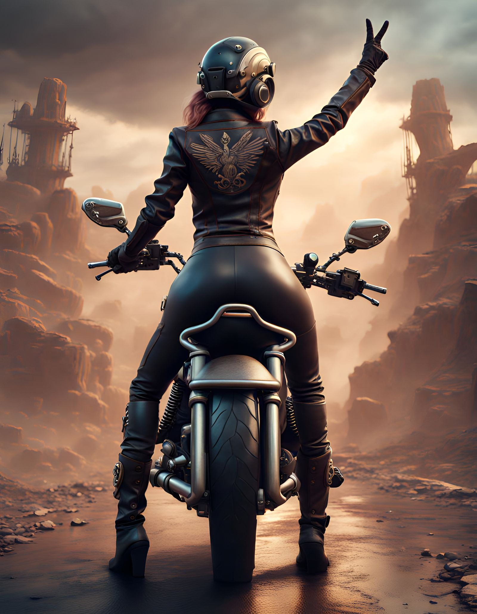 Biker Woman Victory Sign in Detailed Matte Painting