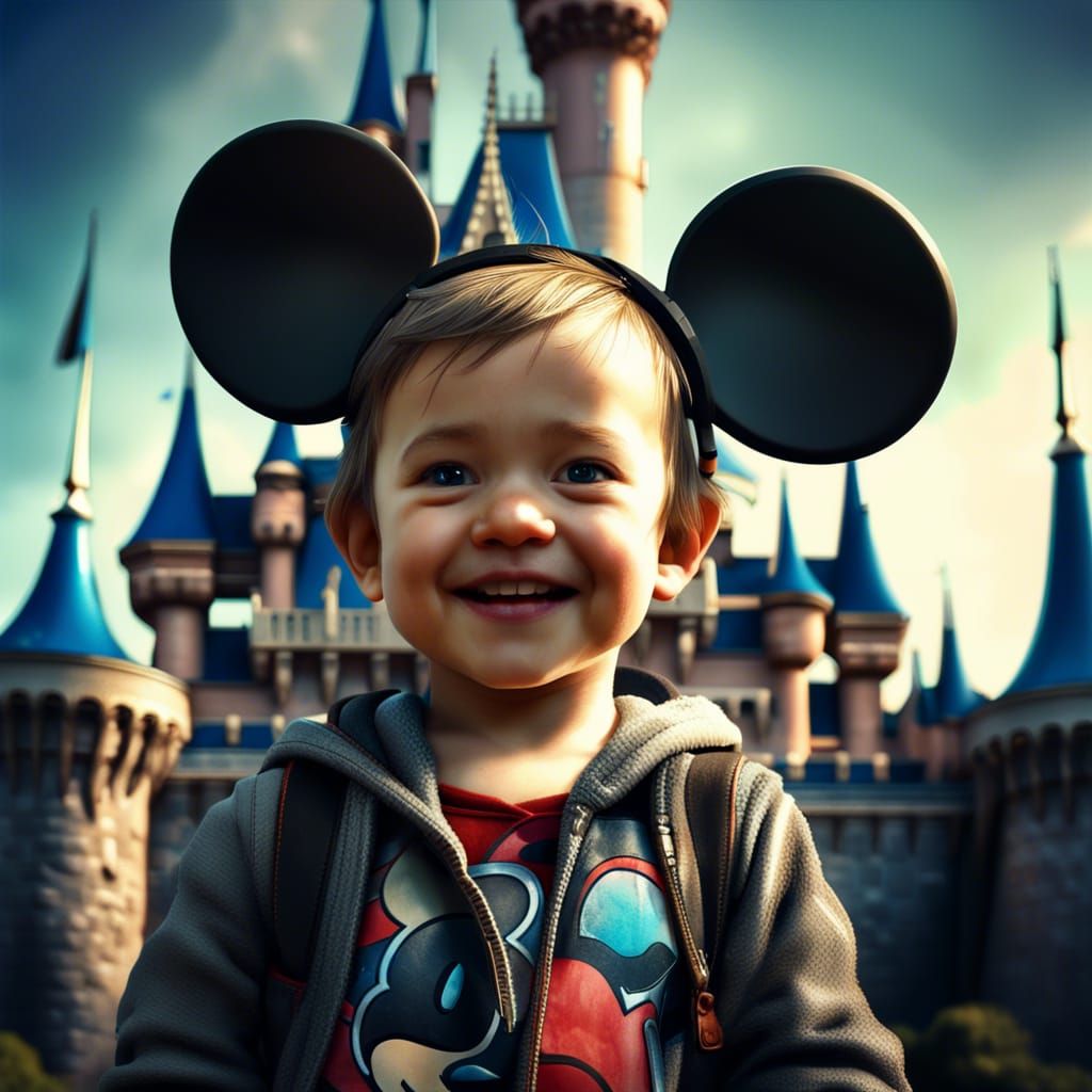 Toddler with Mickey Ears at Disneyland Castle